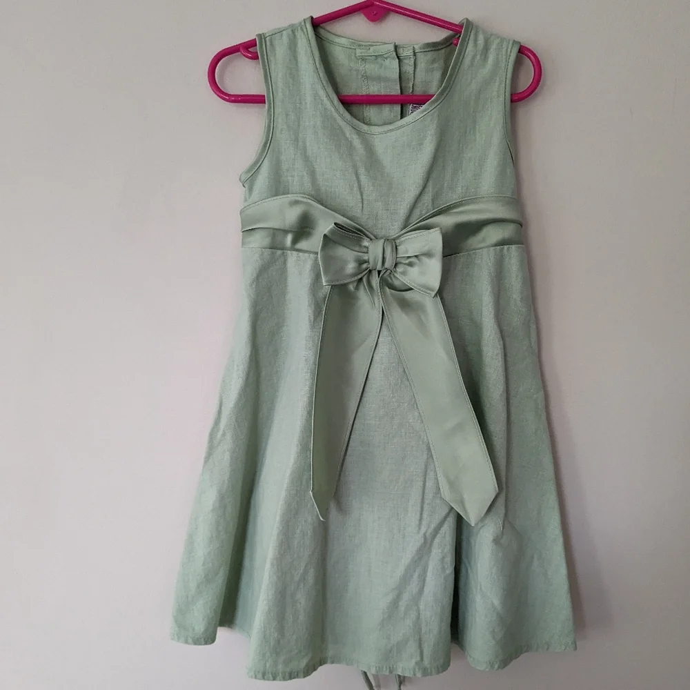 Brooke Lindsay Linen Blend Sleeveless Satin Bow Tieback Dress Sage Green size 5